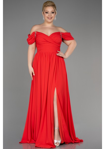 Kayık Yaka Uzun Şifon Büyük Beden Abiye ABU3738 fiyatları