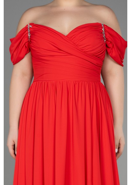 Kayık Yaka Uzun Şifon Büyük Beden Abiye ABU3738 fırsatları