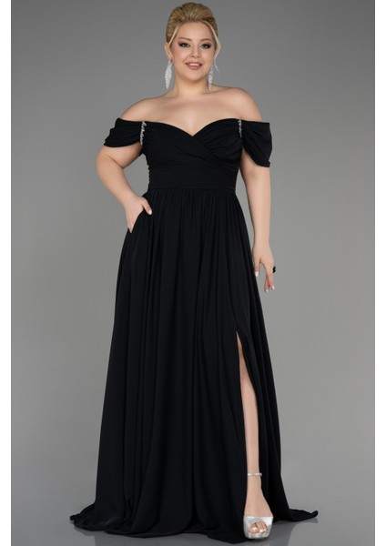 Kayık Yaka Uzun Şifon Büyük Beden Abiye ABU3738