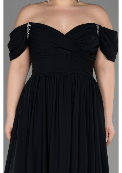 Kayık Yaka Uzun Şifon Büyük Beden Abiye ABU3738 modelleri