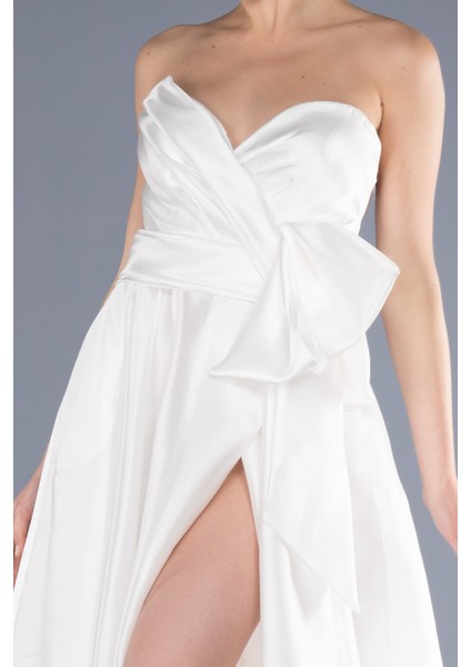 Straplez Bacak Dekolteli Uzun Saten Abiye Elbise ABU3674 modelleri