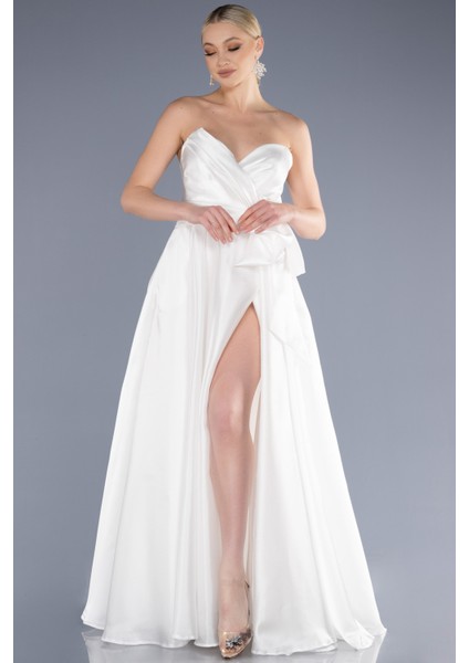 Straplez Bacak Dekolteli Uzun Saten Abiye Elbise ABU3674