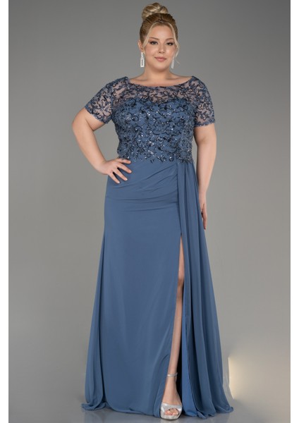 Kısa Kol Üstü Işlemeli Uzun Büyük Beden Abiye ABU3731