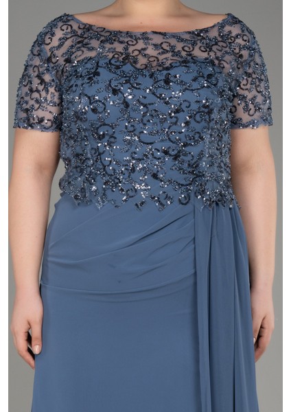 Kısa Kol Üstü Işlemeli Uzun Büyük Beden Abiye ABU3731 modelleri