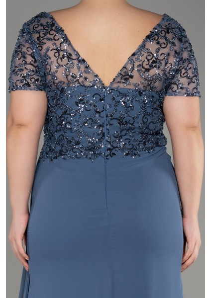 Kısa Kol Üstü Işlemeli Uzun Büyük Beden Abiye ABU3731 fırsatları