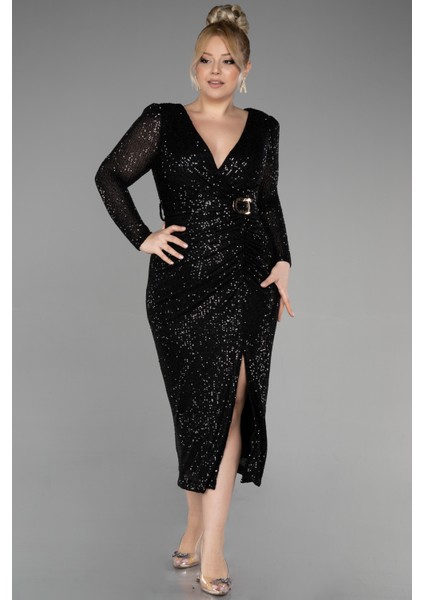 Uzun Kol Midi Pullu Büyük Beden Abiye ABK1956