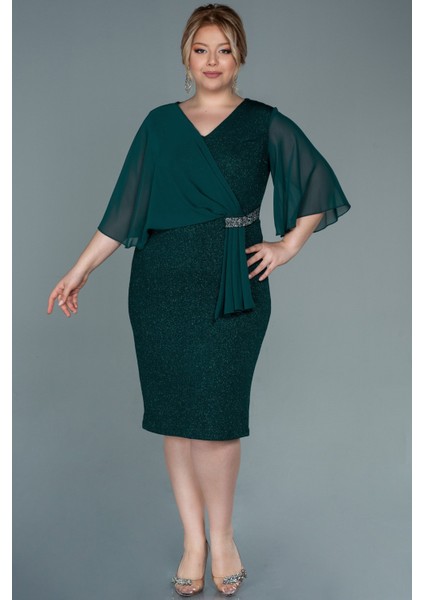 Şifon Kısa Kol Simli Midi Büyük Beden Abiye ABK1567