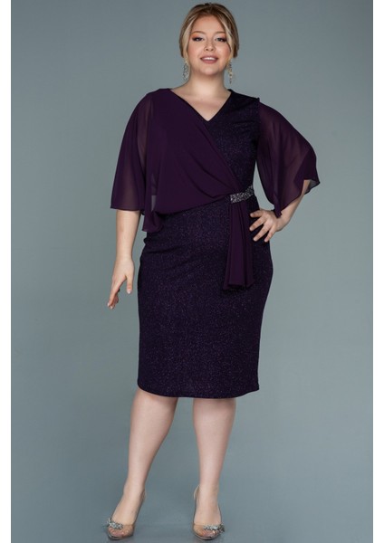 Şifon Kısa Kol Simli Midi Büyük Beden Abiye ABK1567