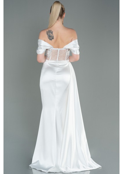 Taşlı Kayık Yaka Yırtmaçlı Uzun Saten Abiye ABU3997 fiyatları