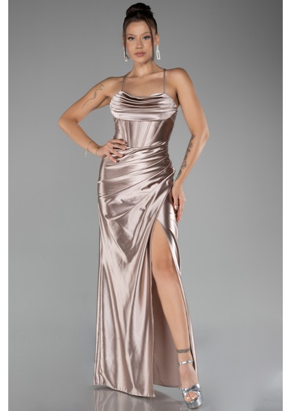 Bacak Dekolteli Balen Korse Uzun Saten Abiye ABU3247