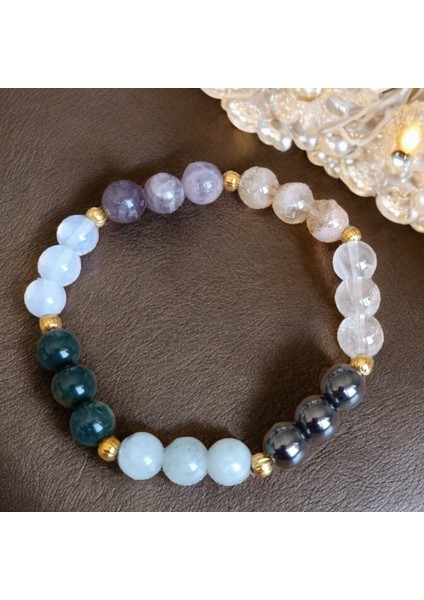 Koç Burcu Bilekliği (Hematit, Akuamarin Taşı, Kristal Kuvars, Ametist, Sitrin, Ay Taşı, Kan Taşı)