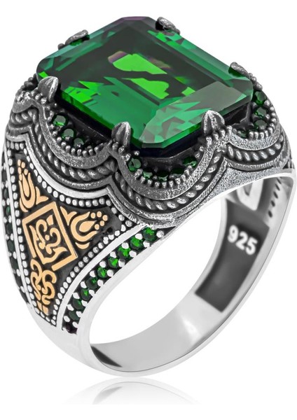Kare Yeşil Taşlı 925 Gümüş Erkek Yüzük