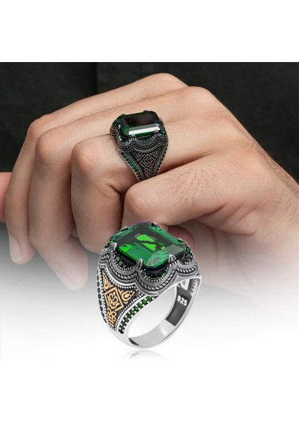 Kare Yeşil Taşlı 925 Gümüş Erkek Yüzük fiyatları