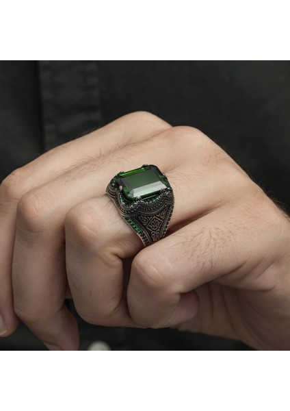 Kare Yeşil Taşlı 925 Gümüş Erkek Yüzük fırsatları