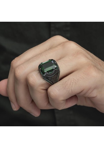 Kare Yeşil Taşlı 925 Gümüş Erkek Yüzük indirimleri