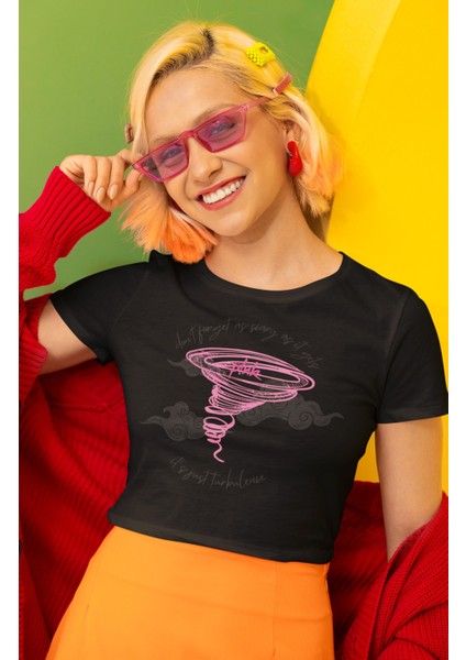 Yazılı Pink Baskılı Crop Top, Pink Baskılı Crop Bluz