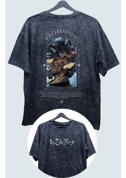 Oversize V3 Solo Leveling Sırt Baskılı Yıkamalı Tişört, Unisex Anime Baskılı T-Shirt