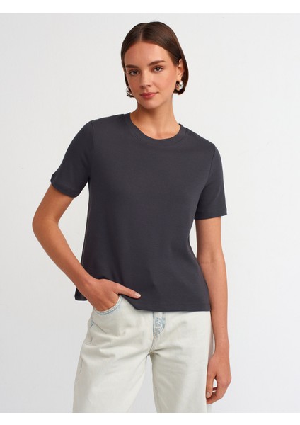 31142 Bisiklet Yaka Pamuklu T-Shirt-Antrasit