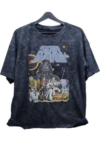 Unisex Star Wars Baskılı Yıkamalı T-Shirt, Oversize Yıldız Savaşları Baskılı Vintage Tişört