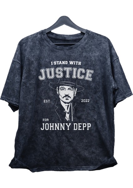 Unisex Johnny Depp Baskılı Yıkamalı T-Shirt, Oversize Est 2022 Baskılı Eskitme Tişört