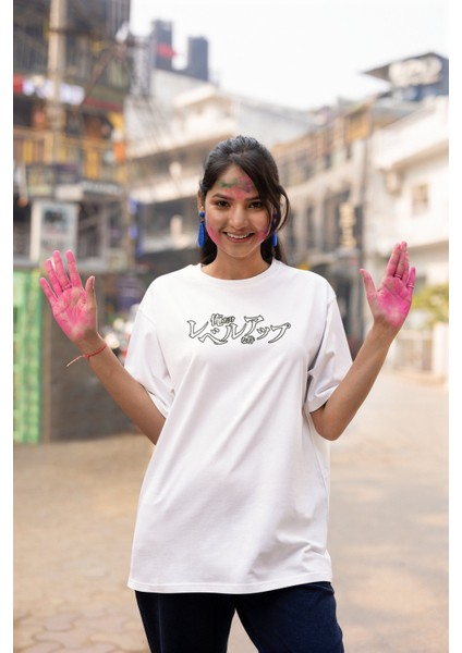 Oversize Gülümseyen Tanrı Heykeli Anime Sırt Baskılı T-Shirt, Unisex Solo Leveling Baskılı Tişört modelleri