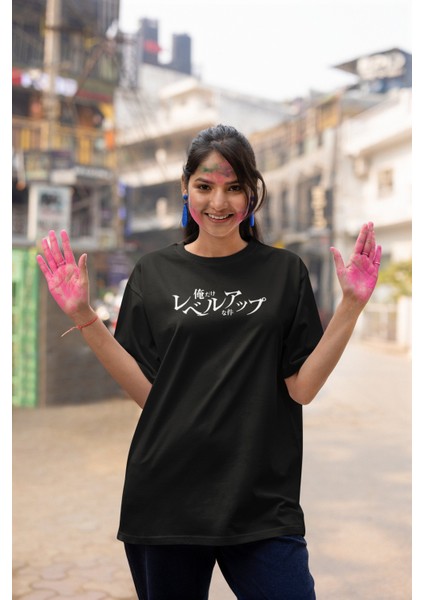 Oversize Gülümseyen Tanrı Heykeli Anime Sırt Baskılı T-Shirt, Unisex Solo Leveling Baskılı Tişört modelleri