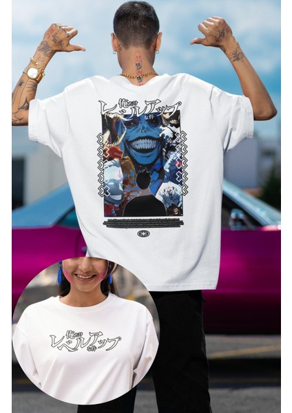 Oversize Heykel Anime Sung Jin-Woo Sırt Baskılı T-Shirt, Unisex Solo Leveling Baskılı Tişört