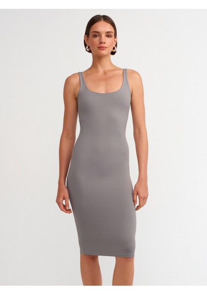 91200 U Yaka Poliamid Midi Elbise-Gri