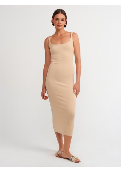 91172 Askılı Kare Yaka Midi Elbise-Açık Bej