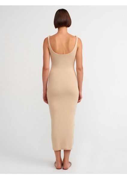 91172 Askılı Kare Yaka Midi Elbise-Açık Bej fiyatları