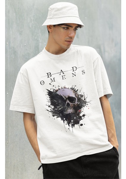 Unisex Bad Omens Baskılı T-Shirt, Oversize Rock Music Baskılı Beyaz Tişört
