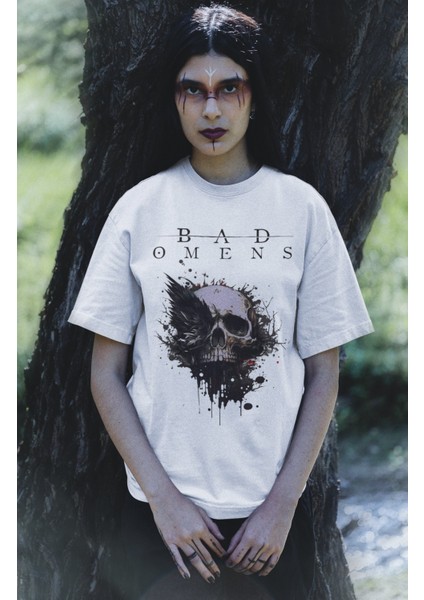 Unisex Bad Omens Baskılı T-Shirt, Oversize Rock Music Baskılı Beyaz Tişört