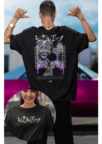 Oversize Gülümseyen Tanrı Heykeli Anime Sırt Baskılı T-Shirt, Unisex Solo Leveling Baskılı Tişört
