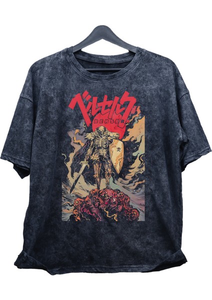 Oversize Berserk Vers Four Baskılı Yıkamalı T-Shirt, Unisex Anime Baskılı Retro Tişört