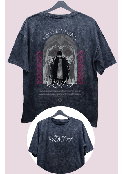 Oversize Solo Leveling Jin-Woo Sırt Baskılı Yıkamalı T-Shirt, Unisex Anime Baskılı Vintage Tişört