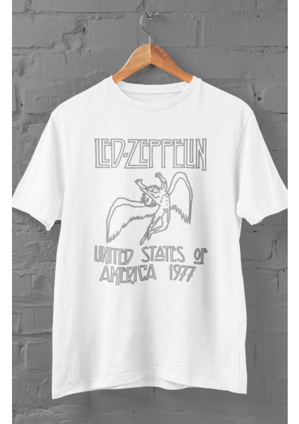 Unisex LED Zeppelin Usa 1977 Baskılı T-Shirt, Oversize Rock Müzik Temalı Tişört