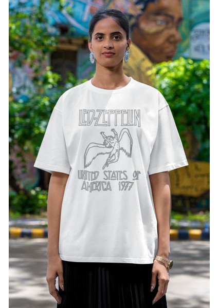 Unisex LED Zeppelin Usa 1977 Baskılı T-Shirt, Oversize Rock Müzik Temalı Tişört modelleri
