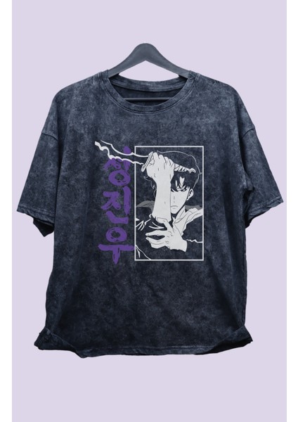 Oversize Solo Leveling Manga Baskılı Yıkamalı T-Shirt, Unisex Anime Baskılı Vintage Tişört