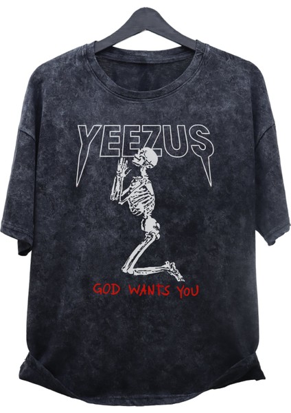 Oversize Yeezus God Wants You Baskılı Yıkamalı T-Shirt, Unisex Kanye West Baskılı Vintage Tişört