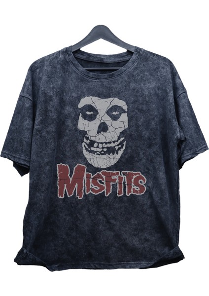 Oversize Misfits Yazılı Yıkamalı T-Shirt, Unisex Rock Metal Müzik Baskılı Retro Tişört