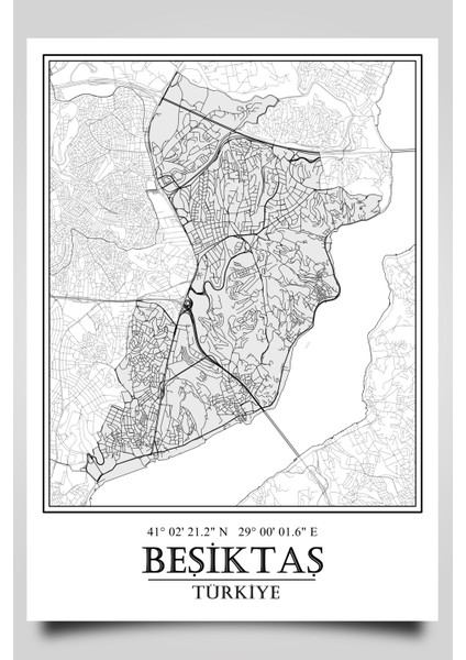 Beşiktaş Şehir Haritası Çerçevesiz Poster-Harita Sanatı, Map Art Design