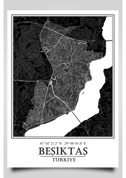Beşiktaş Şehir Haritası Çerçevesiz Poster-Harita Sanatı, Map Art Design