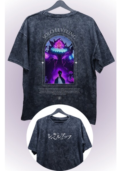 Oversize V2 Sung Jin-Woo Sırt Baskılı Yıkamalı Tişört, Unisex Anime Baskılı T-Shirt