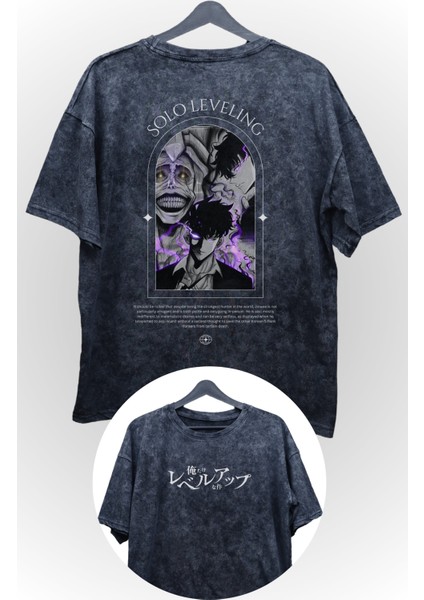 Oversize Tanrı Heykeli ve Sung Jin-Woo Sırt Baskılı Solo Leveling Yıkamalı T-Shirt