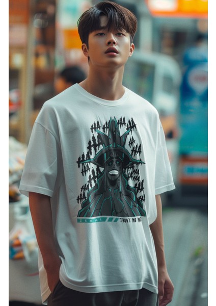 Oversize Zekai Tanrı Heykeli Baskılı T-Shirt, Unisex Solo Leveling Baskılı Tişört
