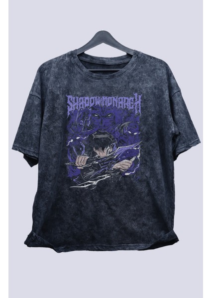 Oversize Solo Leveling Shadowmonarch Baskılı Yıkamalı T-Shirt, Unisex Anime Baskılı Eskitme Tişört