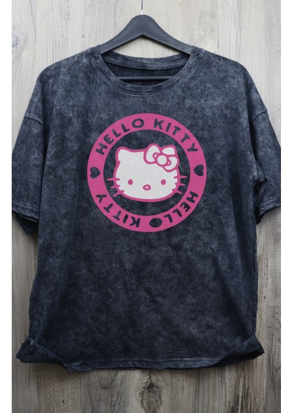 Oversize Hello Kitty Baskılı Yıkamalı T-Shirt, Unisex Sevimli Hk Baskılı Eskitme Tişört