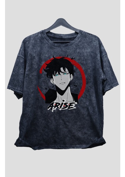 Oversize Solo Leveling Arise Baskılı Yıkamalı T-Shirt, Unisex Anime Baskılı Vintage Tişört
