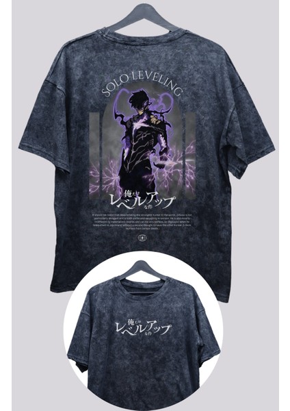 Oversize Sung Jin-Woo Sırt Baskılı Yıkamalı T-Shirt, Unisex Solo Leveling Baskılı Vintage Tişört