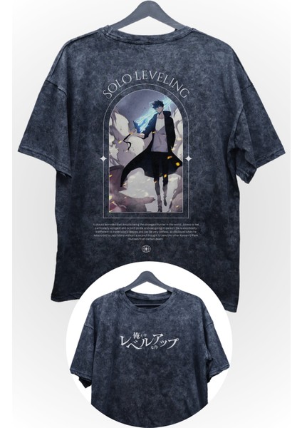 Oversize Kılıçlı Sung Jin-Woo Sırt Baskılı Yıkamalı T-Shirt, Unisex Solo Leveling Retro Tişört